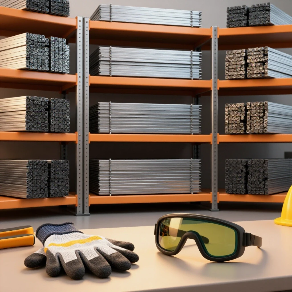 A well-organized workshop featuring neatly stacked heavy steel stock and safety gear, illuminated warmly.