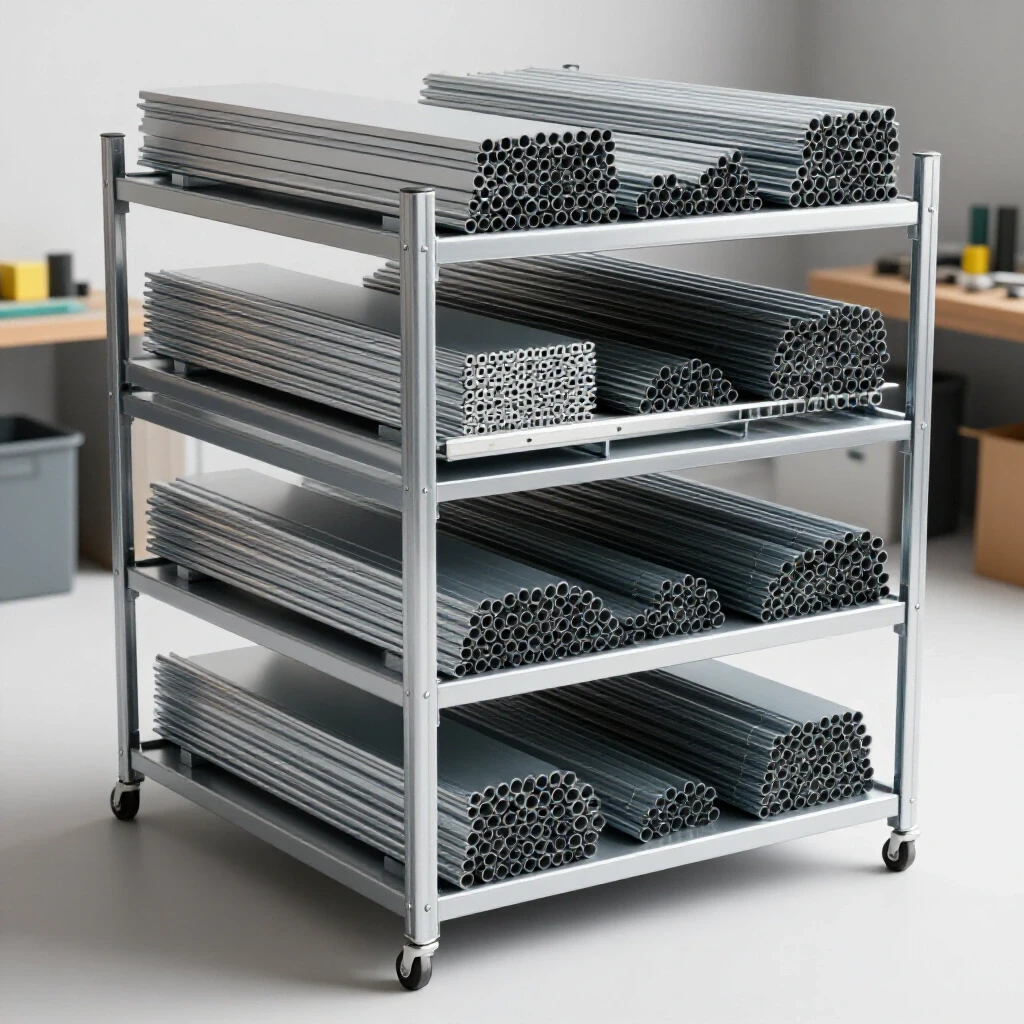 Organized storage rack filled with metal sheets and tubes in a bright workshop environment.