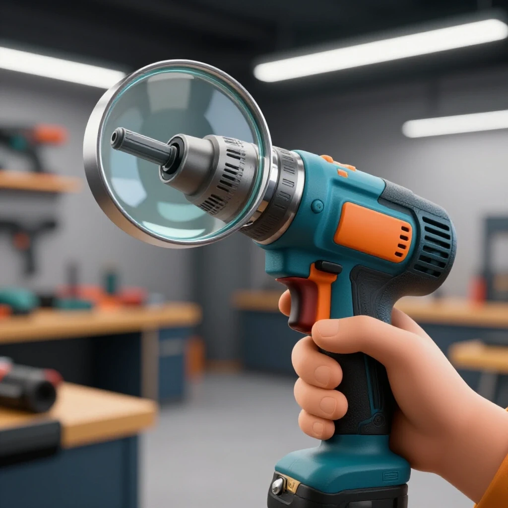 Close-up of a hand inspecting a power tool with a magnifying glass in a blurred workshop background.