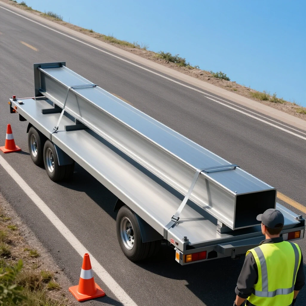 A long steel beam securely strapped on a trailer against a clear blue sky, emphasizing safe transport with reflective cones.