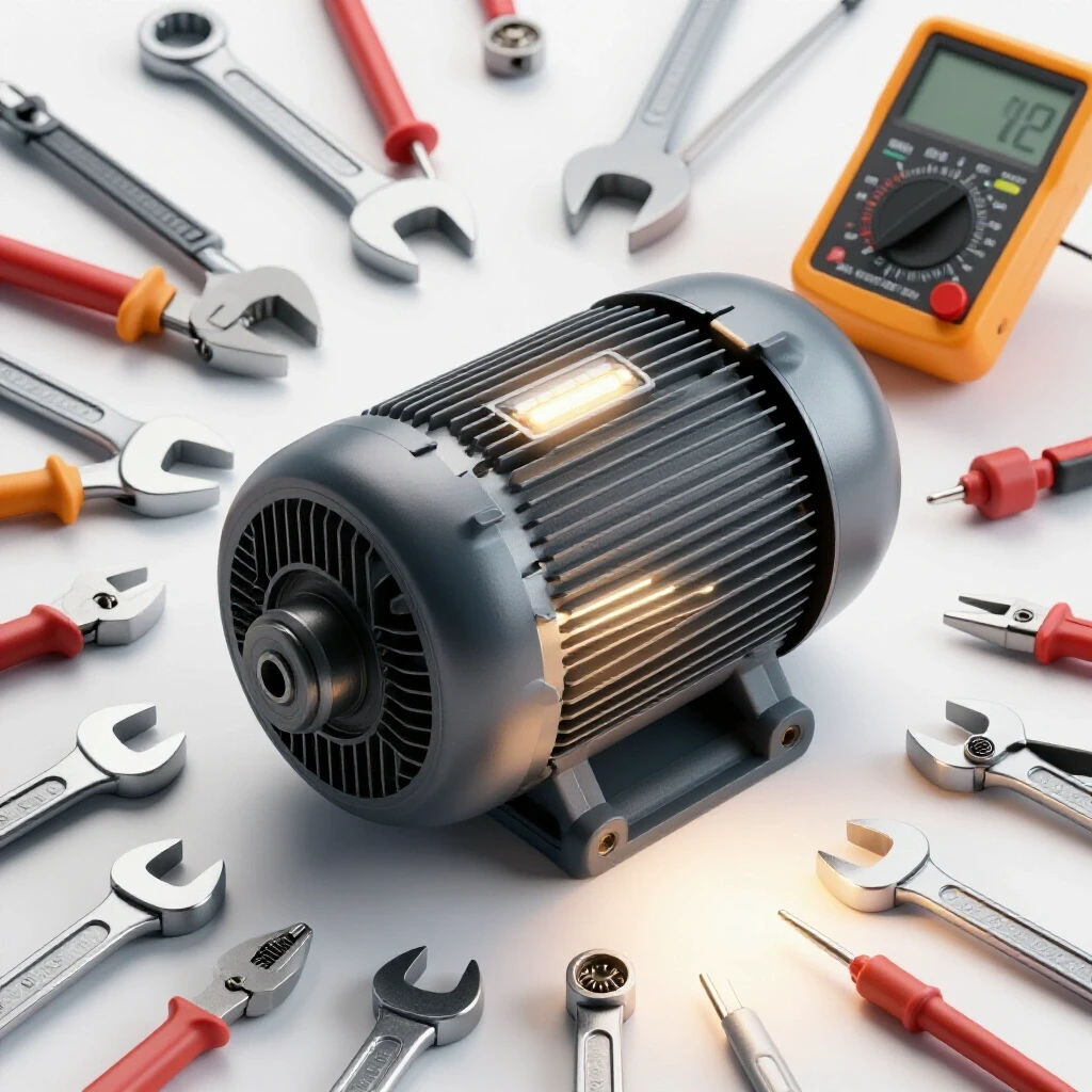 Close-up of an electric motor being examined, tools scattered around under bright lighting with an illuminated troubleshooting lamp.
