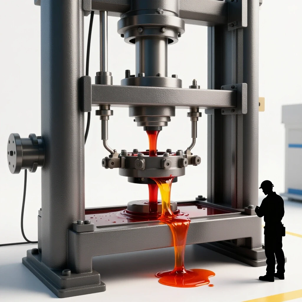 A hydraulic press with visible vibrant fluid leaks, centered in a brightly lit background, showcasing safety inspection practices.