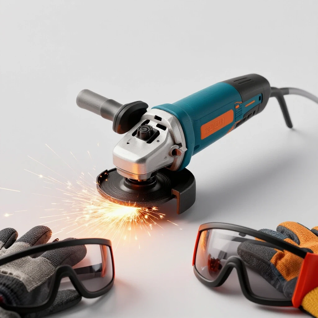 A close-up view of an angle grinder cutting through material, with sparks flying and safety gear in the foreground.