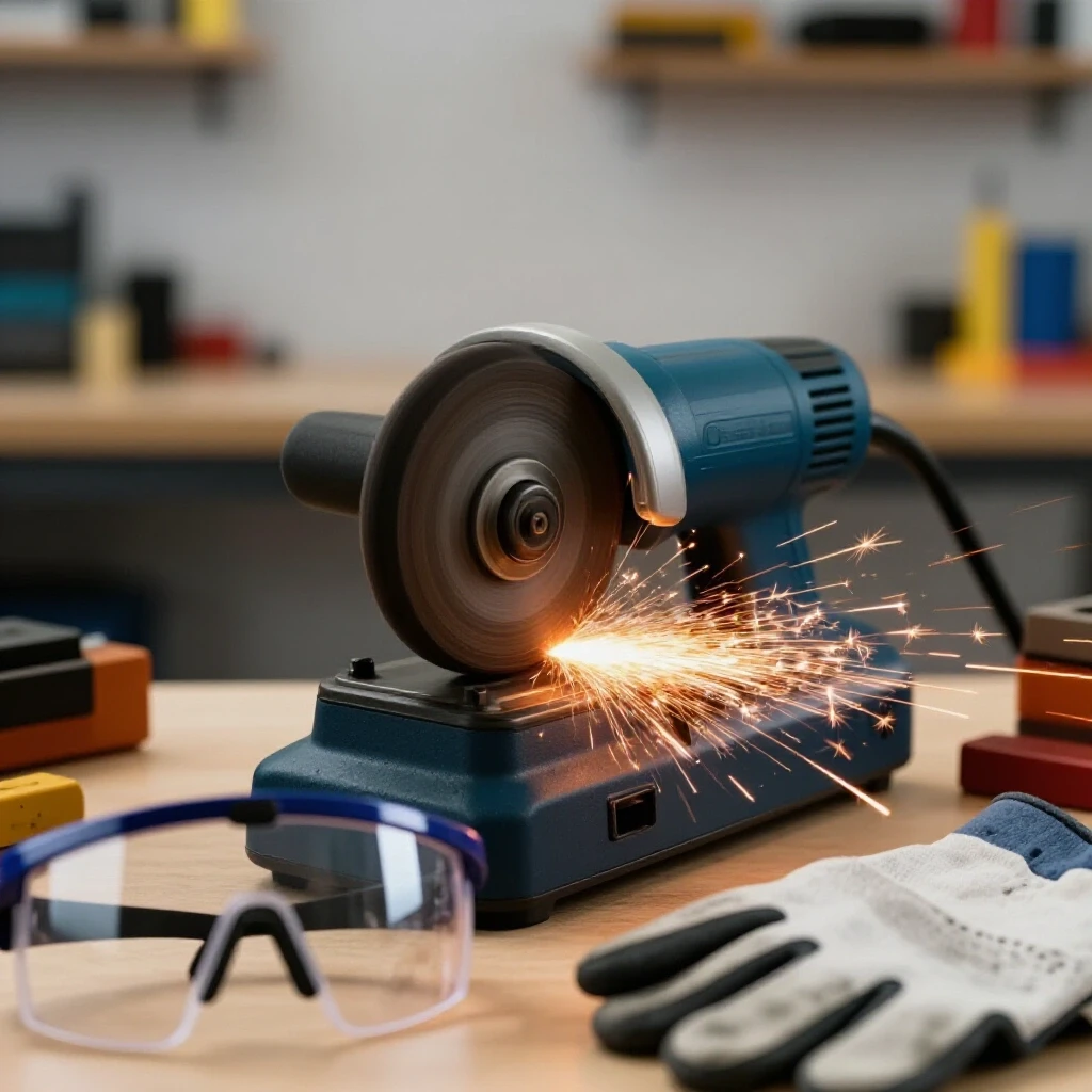 Close-up of a bench grinder with sparks flying, safety goggles and gloves prominently displayed, in a bright workshop setting.