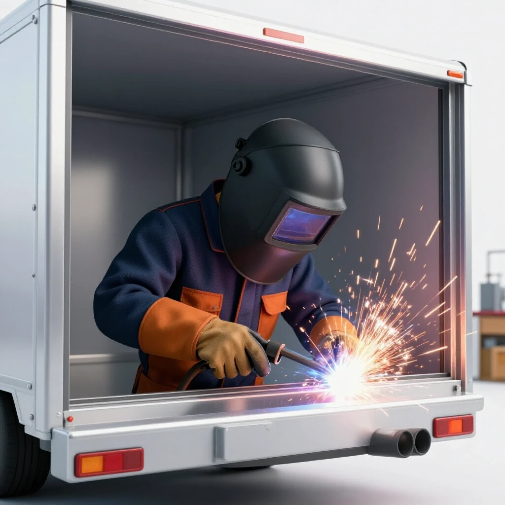 A close-up of a welder's hands in protective gear working on a trailer with sparks flying in a bright workshop.