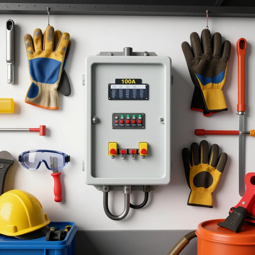A bright garage workshop featuring a 100A subpanel, safety gear, and various metalworking tools, emphasizing safety.