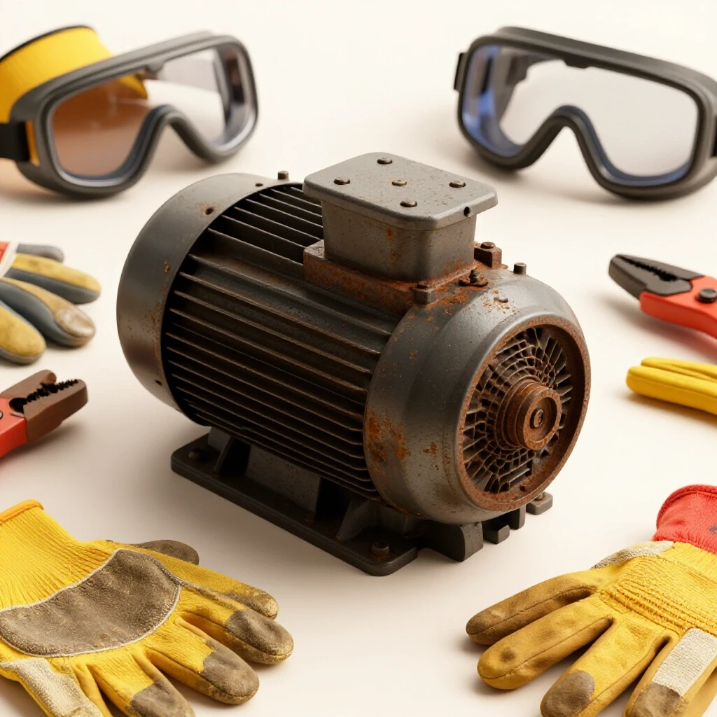 Vintage single-phase electric motor with safety gear and polished wiring tools arranged dynamically.