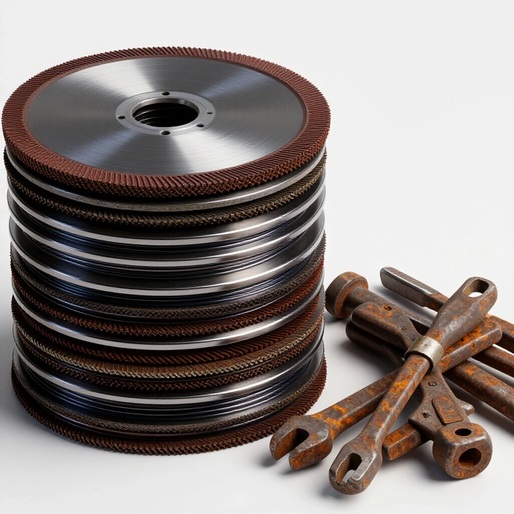 A vivid contrasting image of shiny new grinding discs and MIG wire beside worn-out rusted tools, symbolizing savings in metalworking.