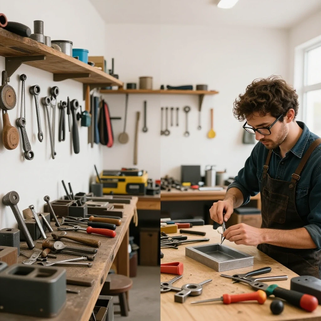 A split scene showing a dusty, unused workshop on one side and a vibrant DIY workspace with metal fabrication on the other.
