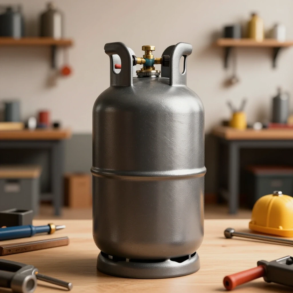 A close-up view of a partially filled shielding gas bottle in a bright workshop, surrounded by tools conveying a DIY spirit.