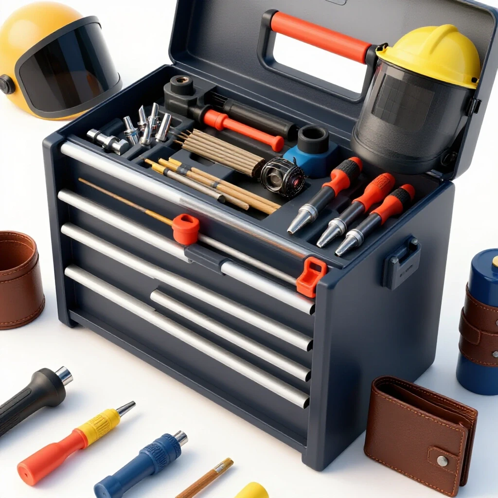 A polished toolbox filled with welder consumables and an empty wallet beside it, representing cost-saving strategies.