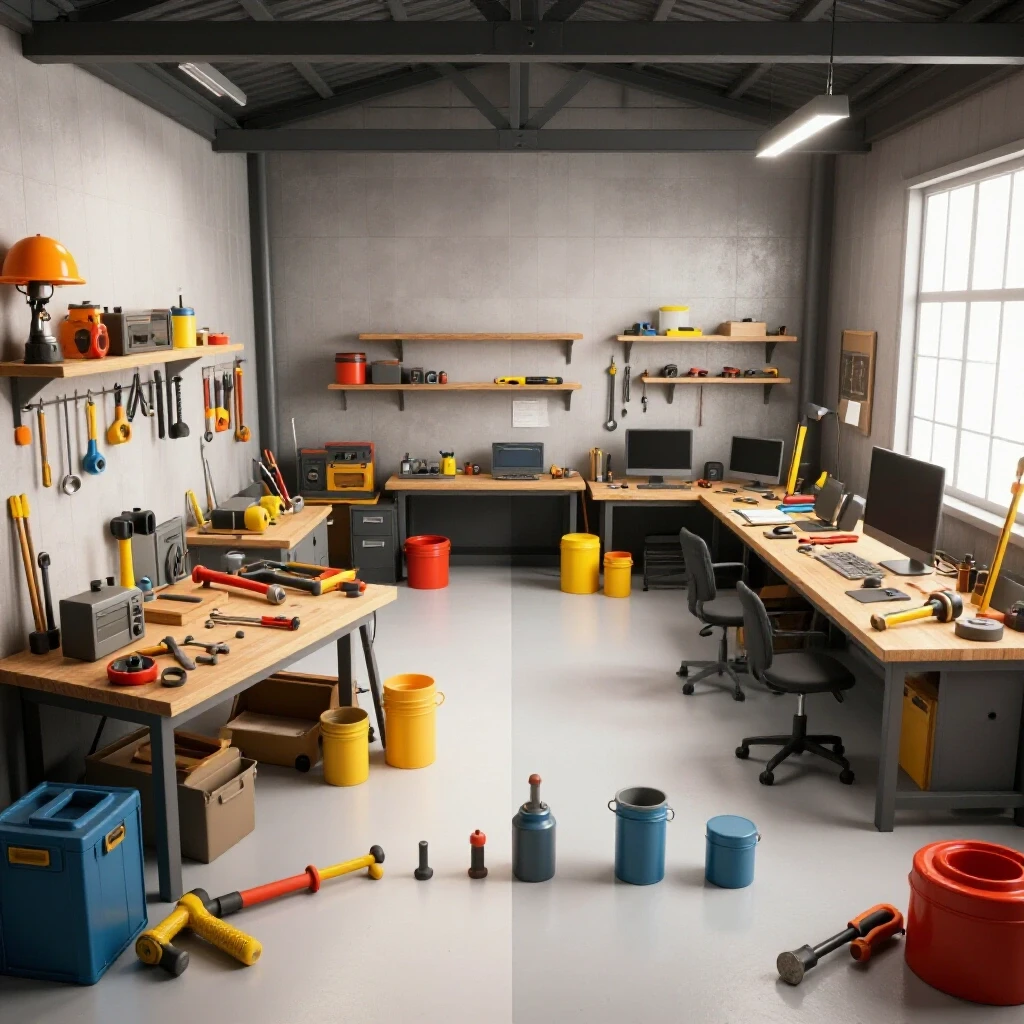 A visual comparison of a small cluttered workshop expanding into a spacious organized industrial workspace with various tools.