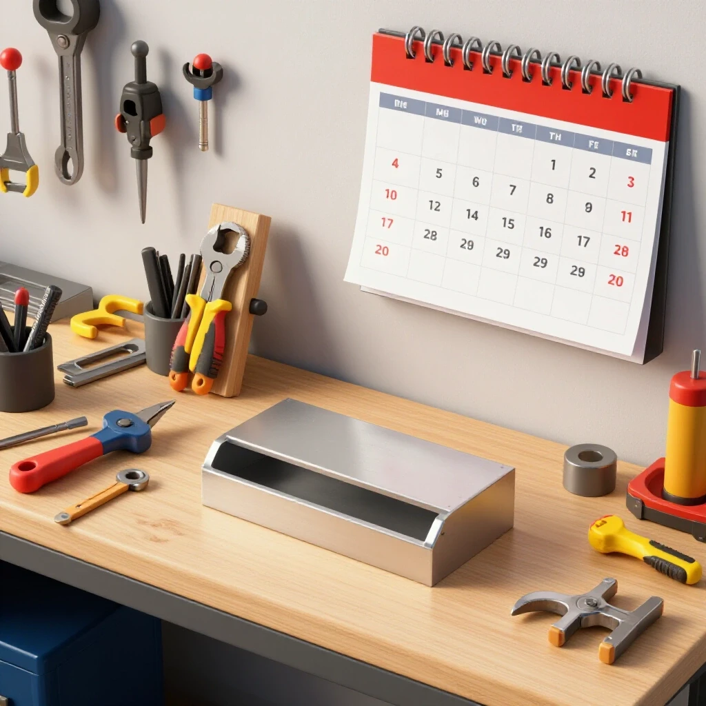 A visually appealing workshop scene with organized tools, a marked calendar, and an active metal fabrication project.