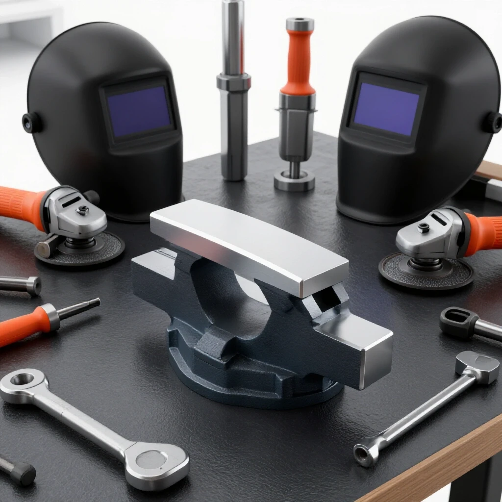 Close-up of a metal piece clamped in a vice within a well-lit workshop, surrounded by welding and grinding tools.