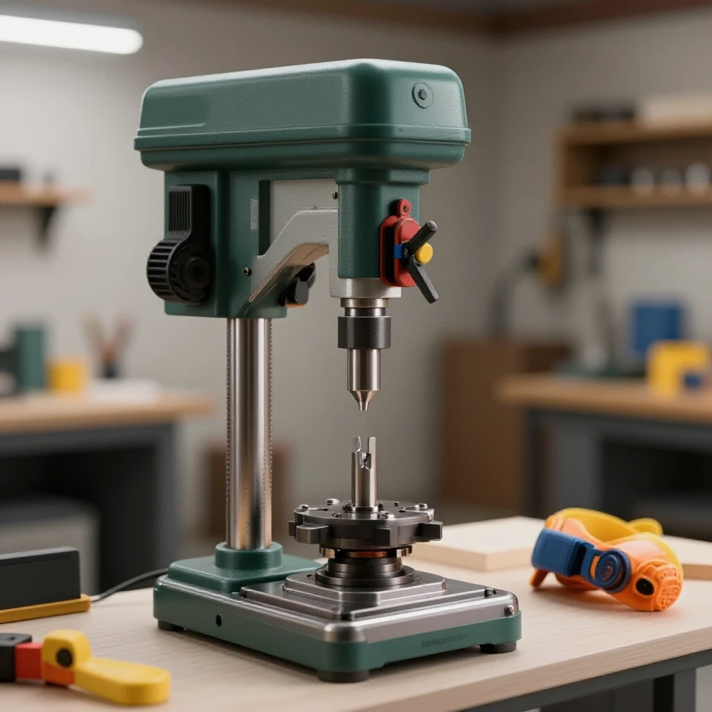 A drill press with a secured workpiece highlighted by vibrant colors and a clean workshop background.