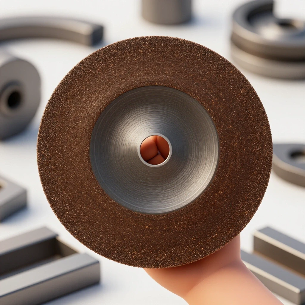 Close-up of a hand holding a flap disc in a workshop setting, with blurred steel pieces in the background.