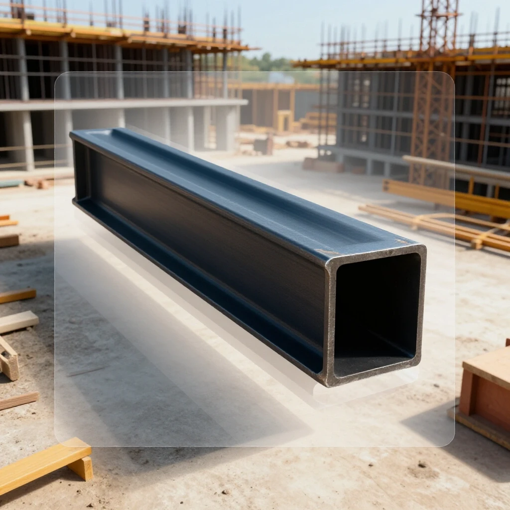A 3D image of a sturdy metal beam with varying thickness overlays, set against a bright construction site background.