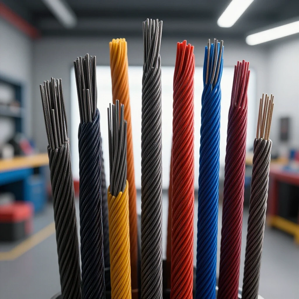 Close-up of various MIG welding wire types showcasing differences in thickness and material against a blurred workshop background.