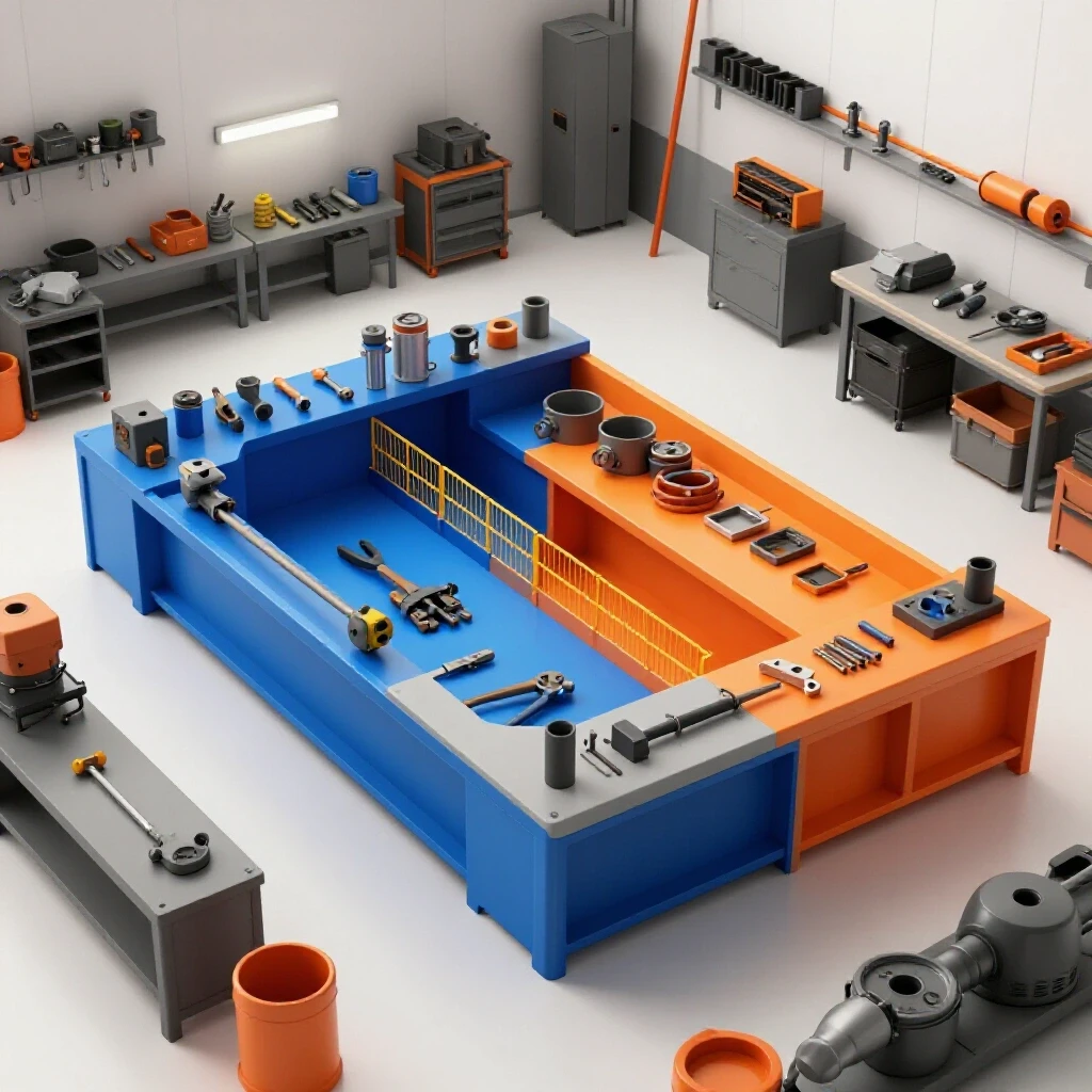 A vibrant workshop showing a cutting zone in blue and a welding zone in orange, highlighting organization in DIY fabrication.
