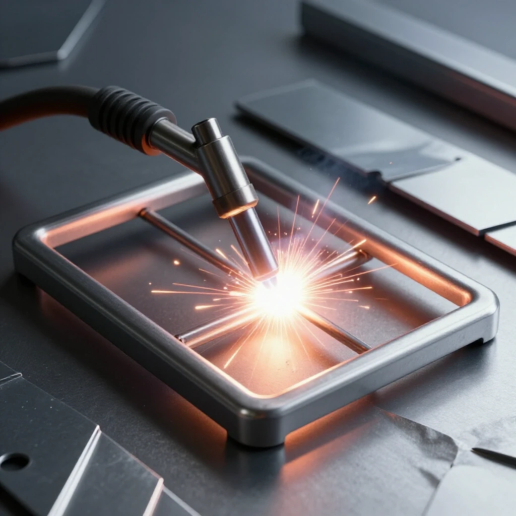A close-up of a metal frame being welded, highlighting warm welding tones against cool warped metal, showcasing welding technique importance.