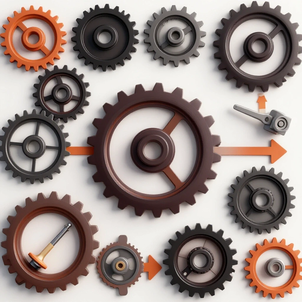 Visual representation of fabrication steps with colorful tools and interconnected gears on a bright background.