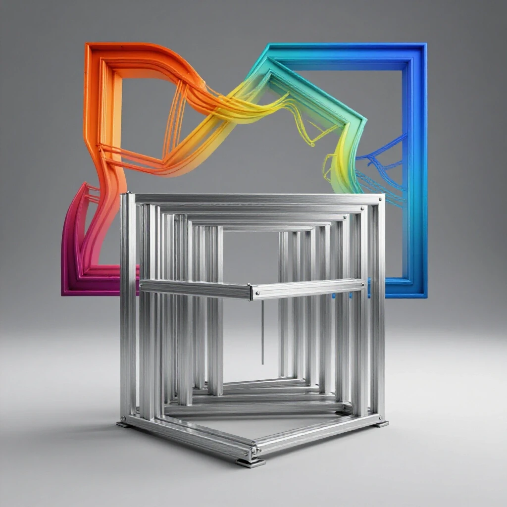 3D-rendered image of aligned metal frame in foreground and distorted frame in background, showcasing precision versus chaos.
