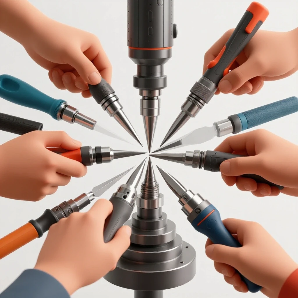 Close-up view of skilled hands operating various machining tools in a precise sequence, emphasizing craftsmanship.