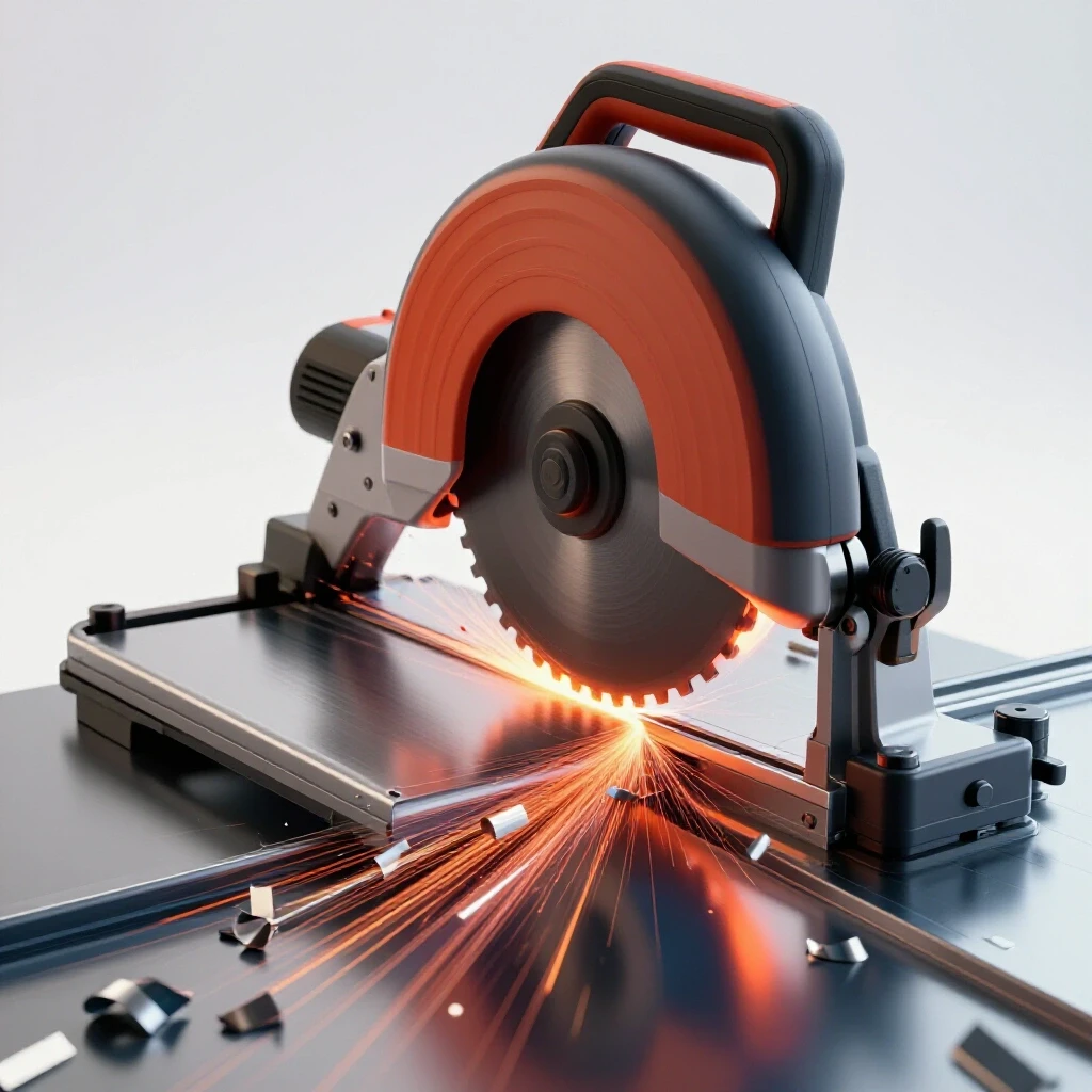 A dynamic 3D image of a bandsaw cutting metal, with vibrant speed lines and shiny metal shavings flying off.