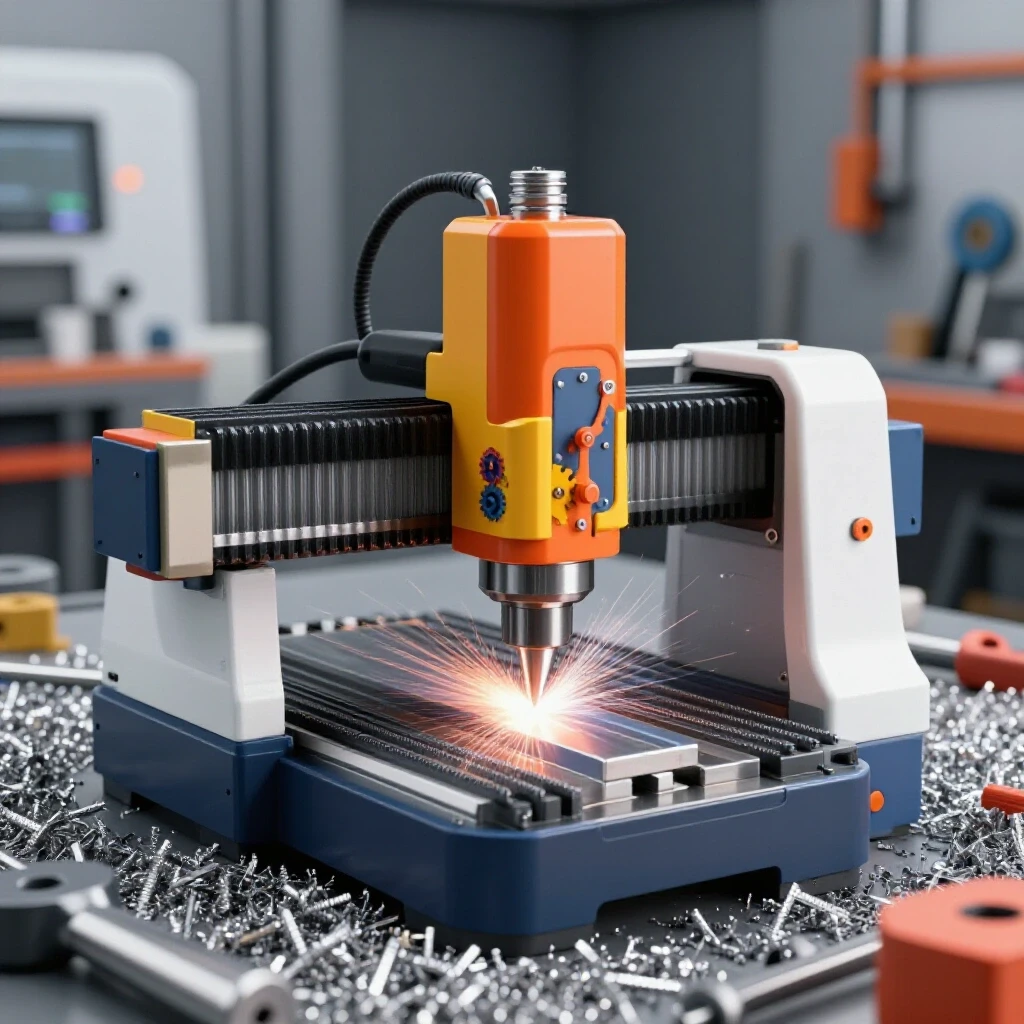 A CNC machine in action cutting metal, surrounded by metal shavings and tools, symbolizing precision and performance.