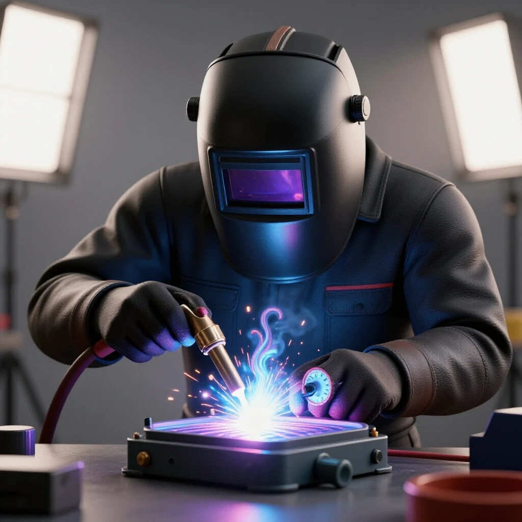 A MIG welder in action with vibrant colors representing gas flow, showcasing precision in adjusting flow rate.
