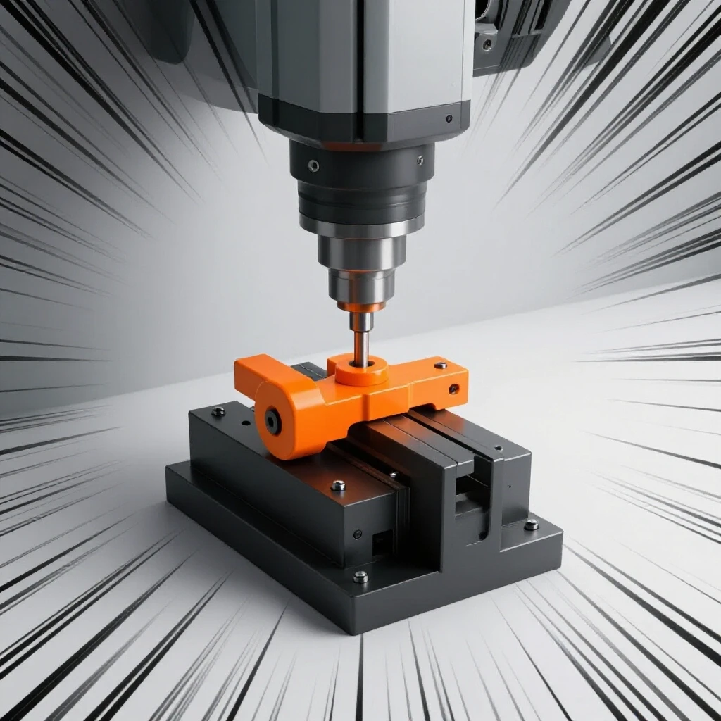 Close-up of a milling machine fixture with a bright orange tool aligning it, emphasizing precision and efficiency.