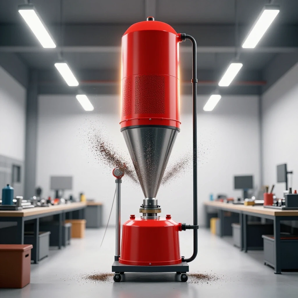 A modern metal workshop featuring an efficient dust collection system capturing metallic dust in action.