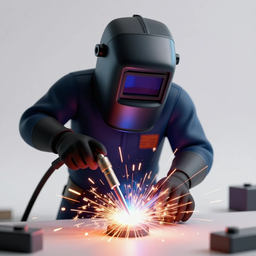 A TIG welder in action with bright sparks and a glowing weld bead, set against a clean, illuminated background.