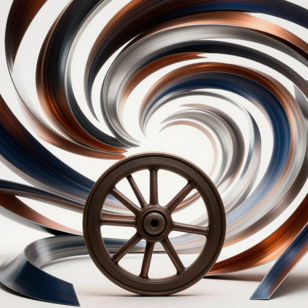 An English wheel at the center surrounded by vibrant sheet metal curves in a bright workshop environment.