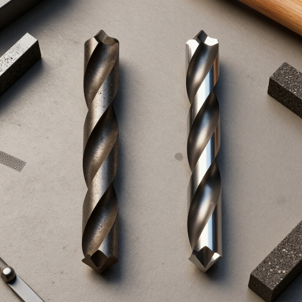 A close-up showcasing a worn-out drill bit beside a sharpened one, highlighting the sharpening process on a workbench.