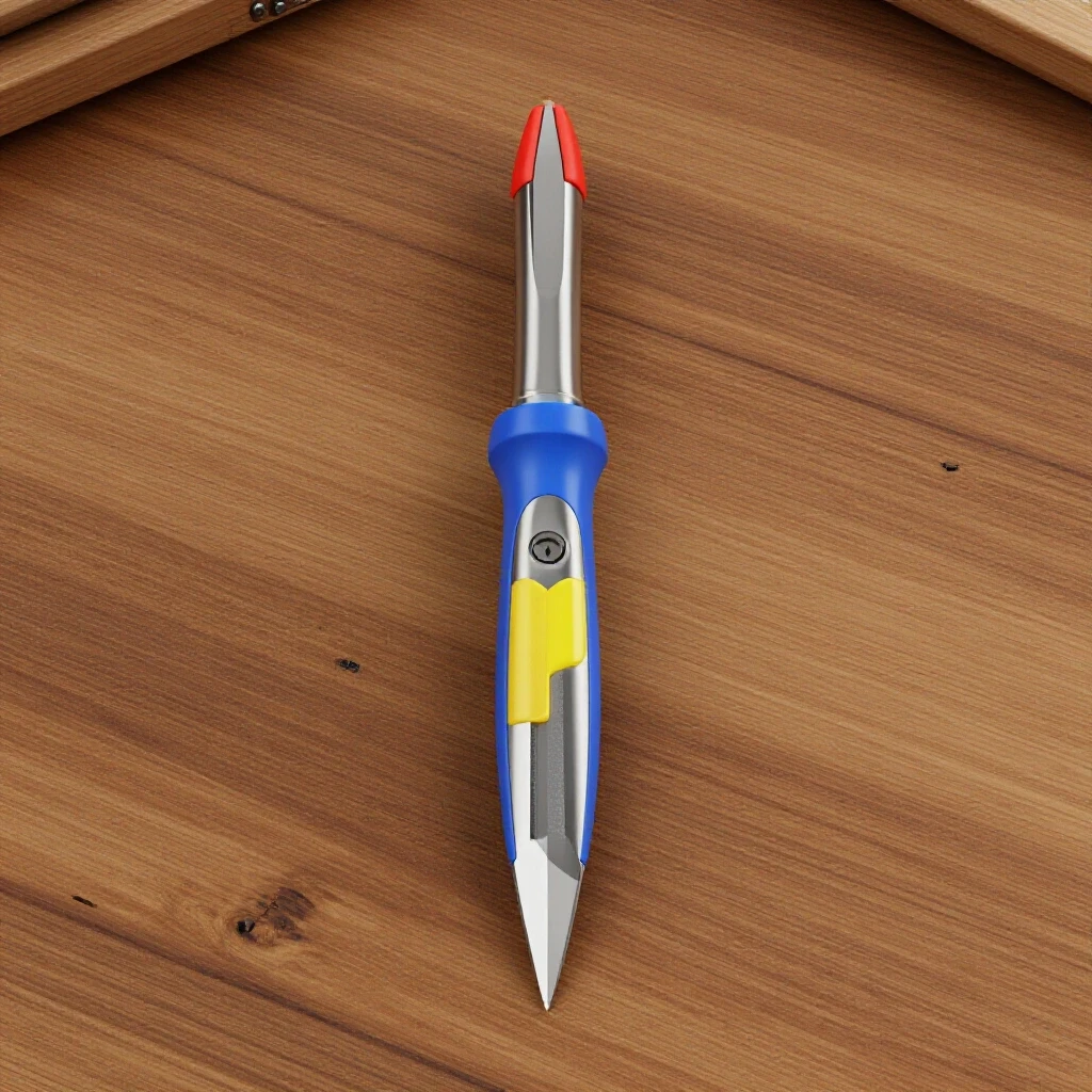 Close-up of a freshly sharpened metal scribing tool against a rustic wooden workbench, emphasizing craftsmanship.