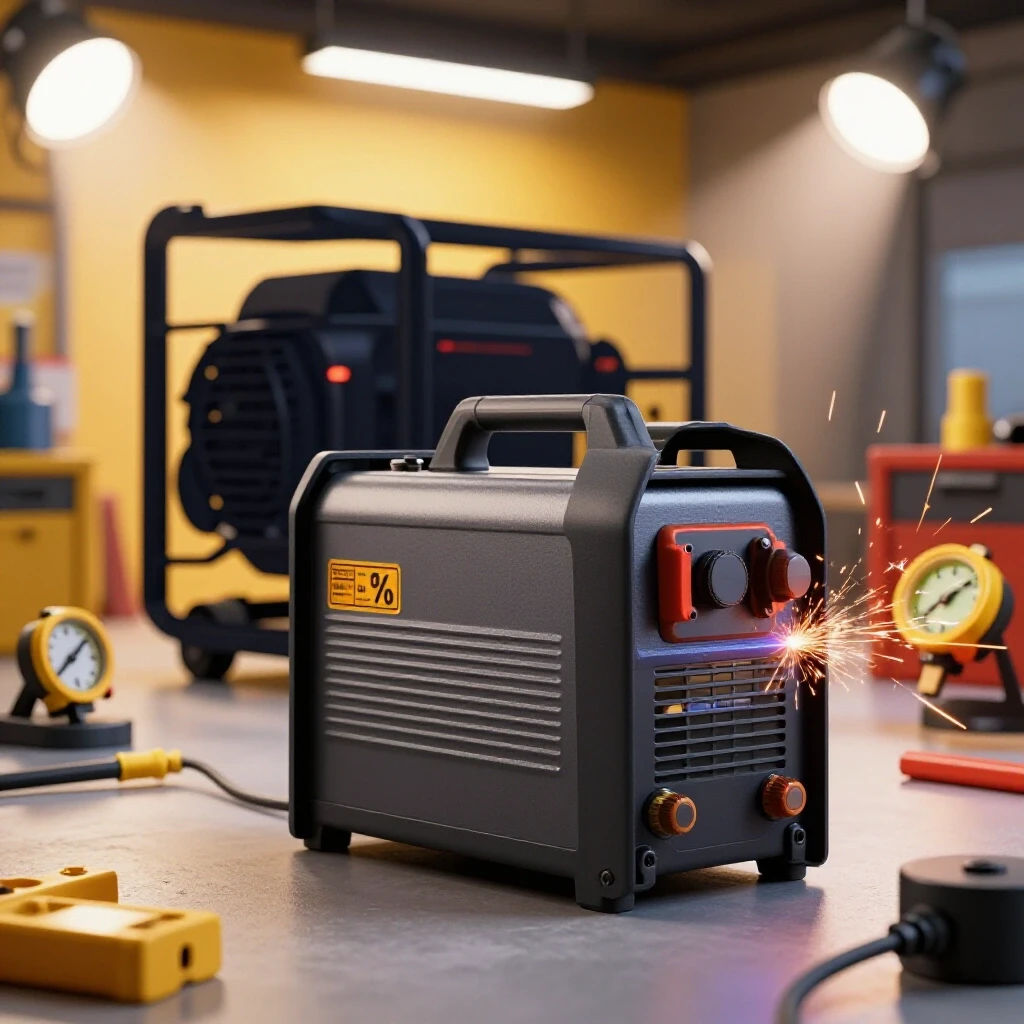 A portable welder with a generator silhouette in a bright workshop, showcasing measurement tools and sparks.