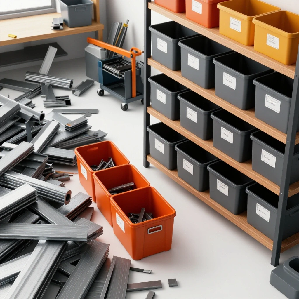 Workshop scene featuring chaotic steel offcuts on one side and neatly organized storage bins on the other, showcasing effective scrap management.