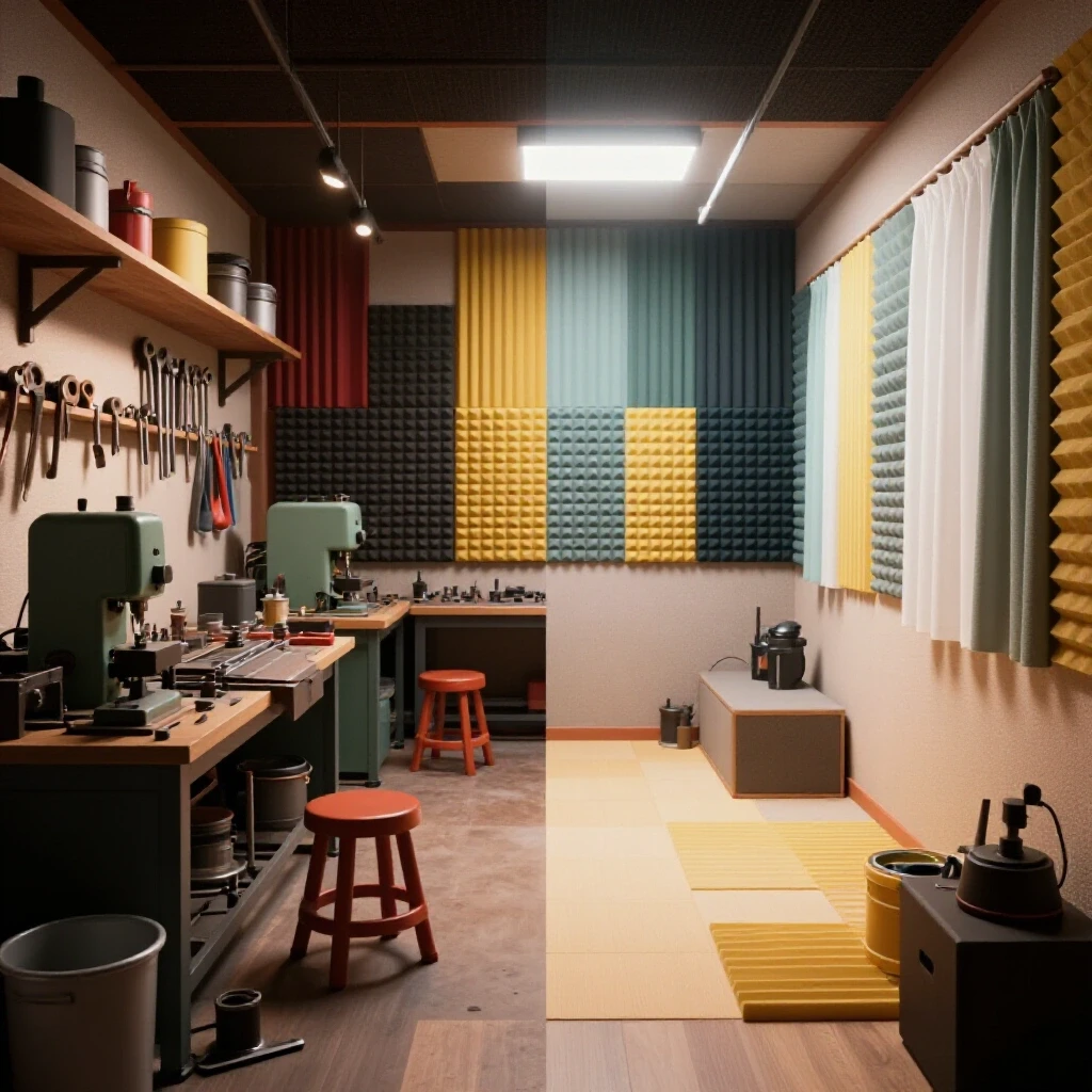 A metalworking garage shop divided into a lively tool area and a calm soundproofed space, showcasing contrasting environments.
