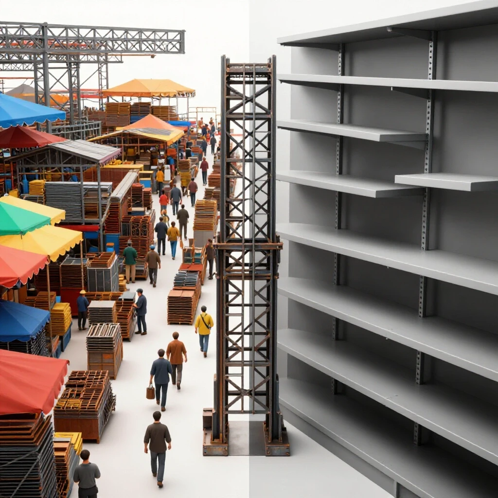 Split composition showing a vibrant steel marketplace on the left and stark empty shelves symbolizing scarcity on the right.