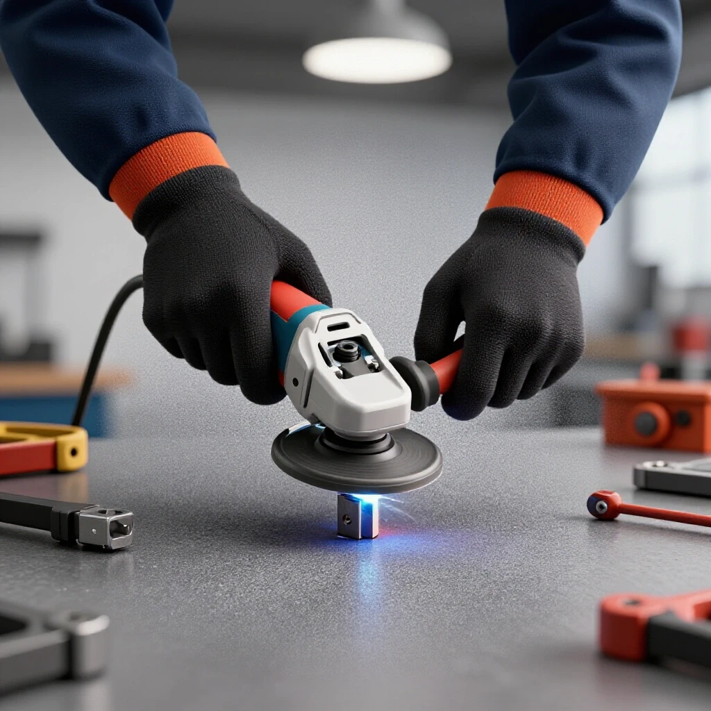 A close-up of a welder's hands preparing a joint with a grinder and clamps against a bright workshop background.
