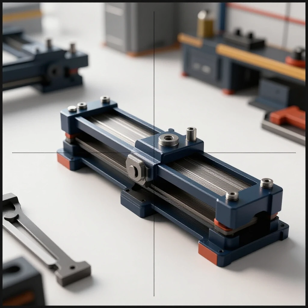 A polished welding fixture aligns perfectly in a bright workshop, contrasting with a misaligned fixture in shadow.