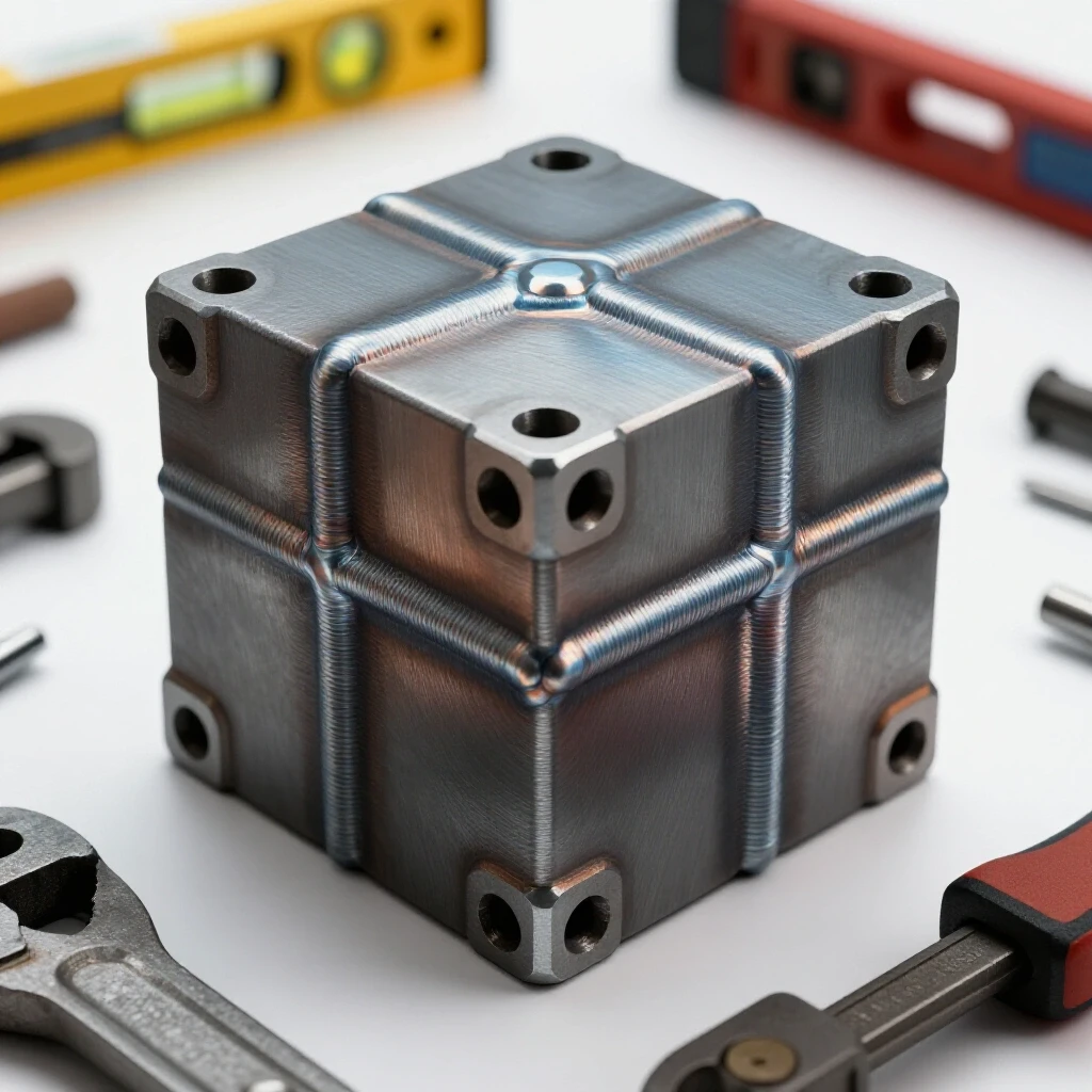Close-up of a square welded assembly with shiny welds, blurred workshop tools in the background, highlighting DIY precision.
