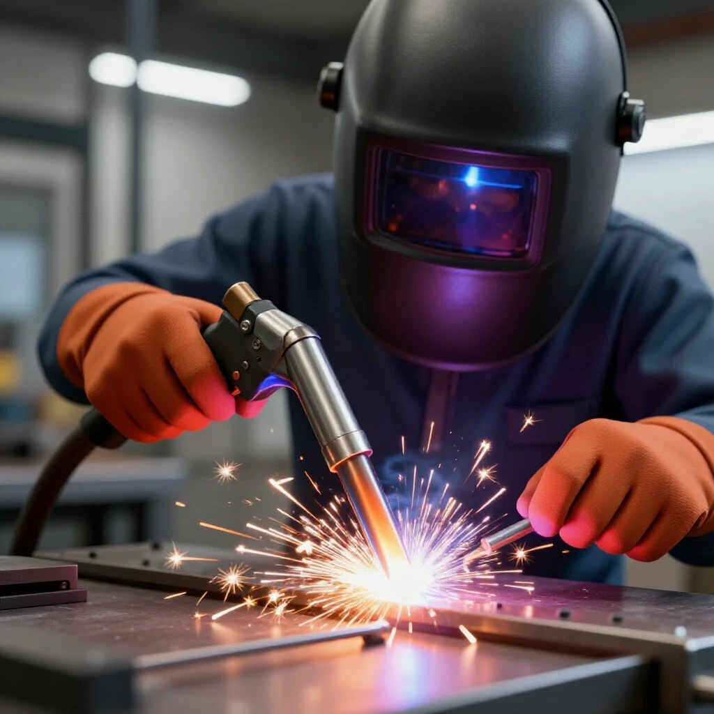 Close-up of welder's hands maneuvering a welding torch with sparks, emphasizing precision and technique.