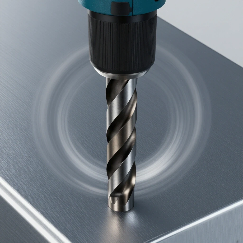 Close-up of a drill bit countersinking steel, with motion lines showing vibrations against a textured steel background.