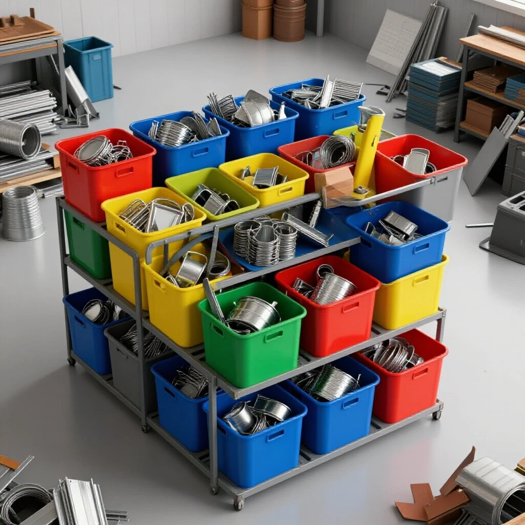 A well-organized workshop with colorful scrap metal bins contrasting with chaotic scrap piles, showcasing efficient storage.
