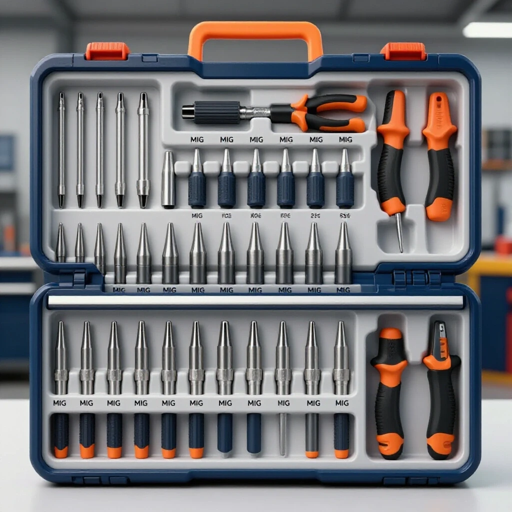 A well-organized toolbox filled with MIG welding tips and nozzles in a bright workshop setting.