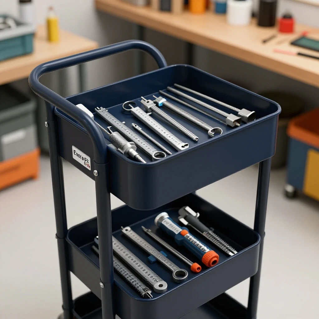 An organized mobile cart displaying precision measuring tools in labeled compartments, contrasting a cluttered workshop.