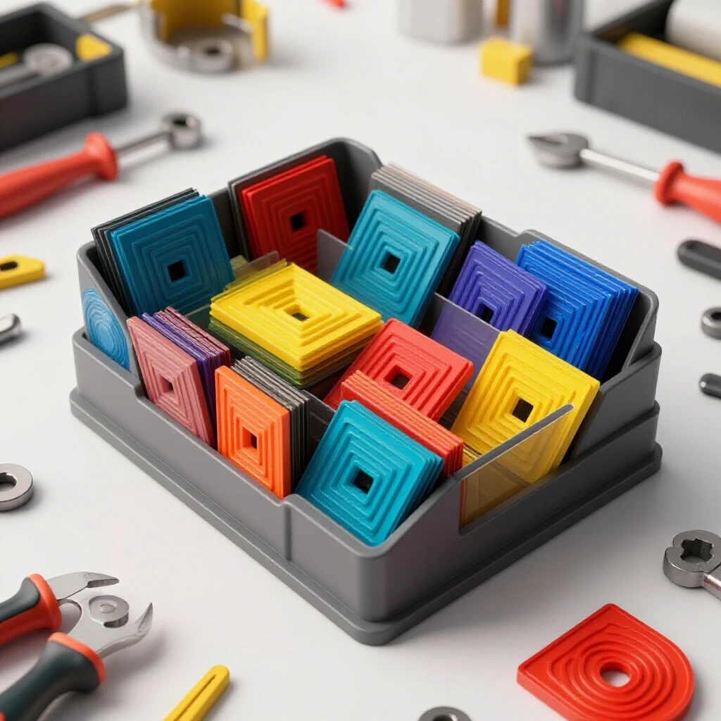 A clutter-free workshop scene showing precision squares stored securely in a designer holder, surrounded by tools.