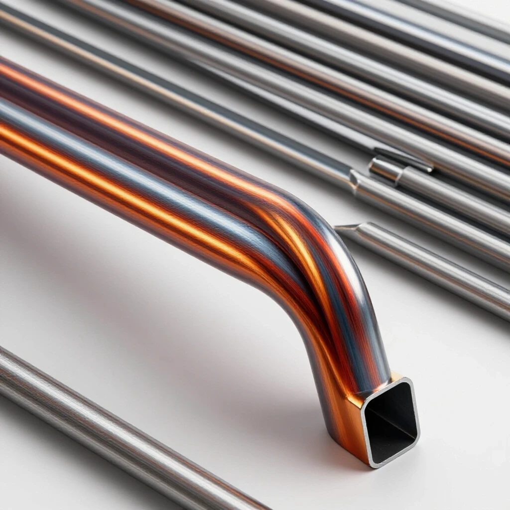 A bent metal tube showcasing dynamic tension against a backdrop of straight tubes, highlighting the straightening process